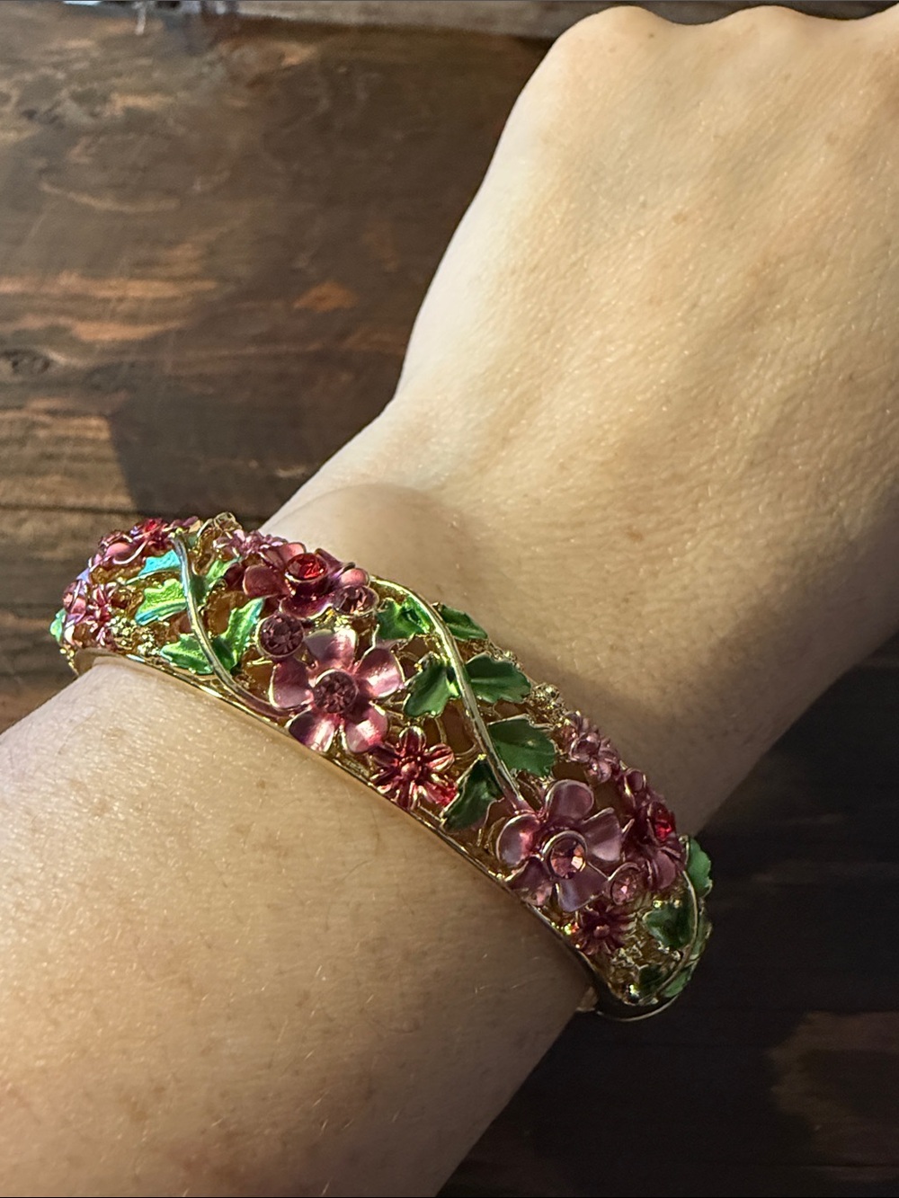 Gold Plated Floral Enamel Hinged Wide Bangle Bracelet with Pink Flowers